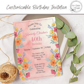 Pink Watercolor Florals 40. Geburtstag Einladung