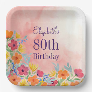 Pink Watercolor Florals 80. Geburtstag Paper-Telle Pappteller