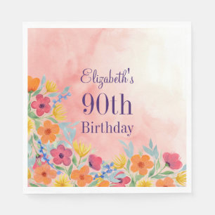 Pink Watercolor Florals 90. Geburtstag Serviette