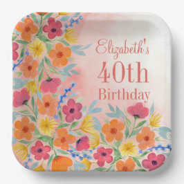 Pink Watercolor Florals Geburtstag individuell nac Pappteller