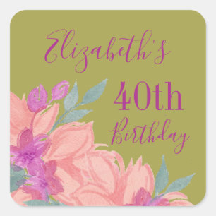 Pink Watercolor Florals individuell gestaltete Geb Quadratischer Aufkleber