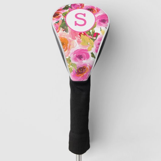 Pink Watercolor Florals Mit Monogramm Golf Headcover (Vorderseite)