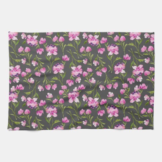 Pink Watercolor Florals on Gray Kitchen Handtuch (Horizontal)