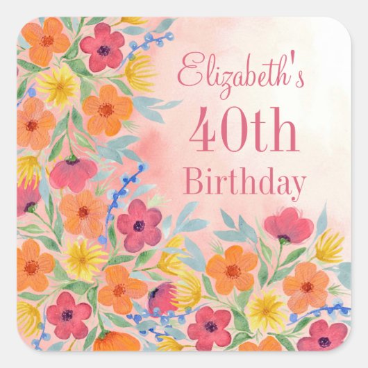 Pink Watercolor Florals Personalisierter Geburtsta Quadratischer Aufkleber (Vorderseite)