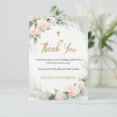 Pink Watercolor Flowers Greenery First Communion Dankeskarte (Stehend Vorderseite)