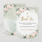 Pink Watercolor Flowers Greenery First Communion Dankeskarte (Vorne/Hinten)