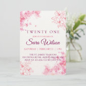 Pink Watercolor Flowers Twenty One Birthday Einladung (Stehend Vorderseite)
