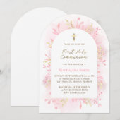 pink watercolor foliage First Holy Communion  Einladung (Vorne/Hinten)