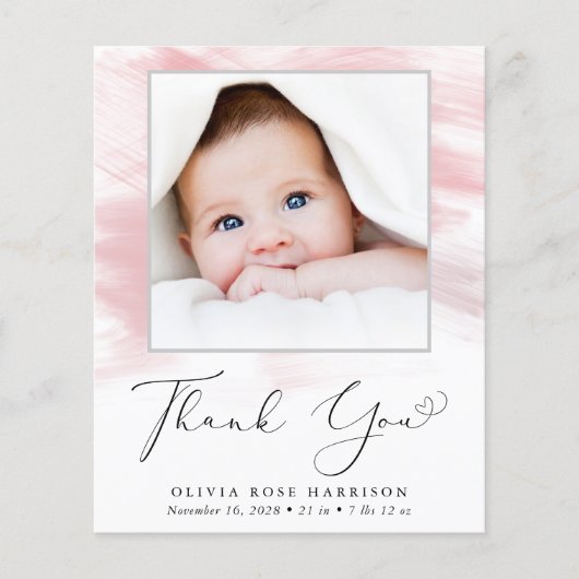 Pink Watercolor Foto Girl Birth Ankündigung (Vorderseite)