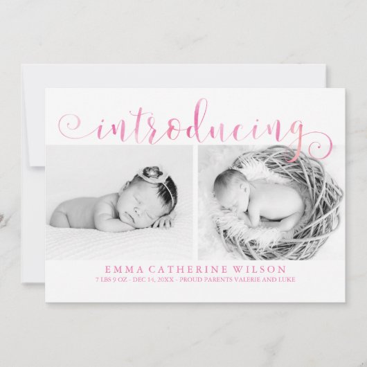 Pink Watercolor Foto Kinderankündigungen Ankündigung (Vorderseite)