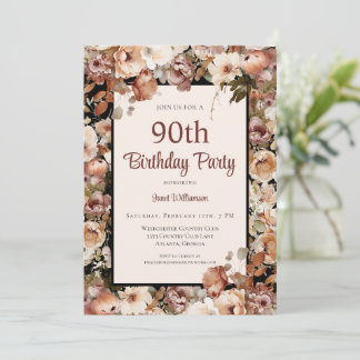 Pink Watercolor Garden Floral 90. Geburtstag Einladung