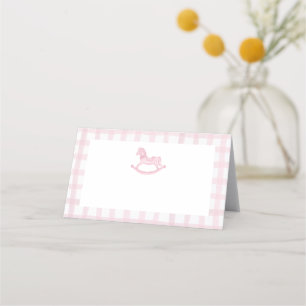 Pink Watercolor Gingham & Rocking Horse Blank Platzkarte