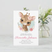 Pink Watercolor Giraffe Girl Babydusche Einladung (Stehend Vorderseite)
