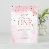 Pink Watercolor Glitzer 1. Geburtstag Einladung (Stehend Vorderseite)