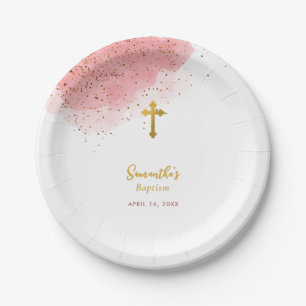 Pink Watercolor Glitzer Gold Cross Taufe Girl Pappteller