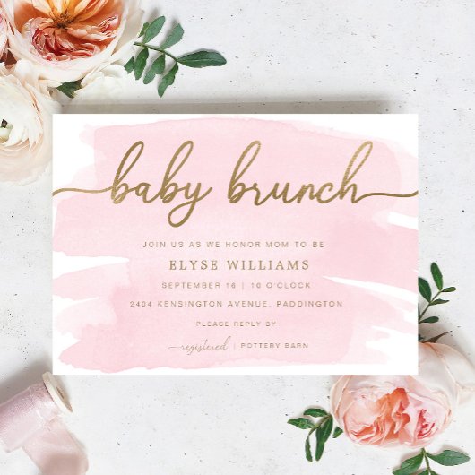 Pink Watercolor Gold Baby Brunch Einladung