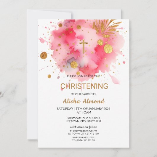 Pink Watercolor Gold CHRISTENING Einladung (Vorderseite)