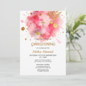 Pink Watercolor Gold CHRISTENING Einladung (Stehend Vorderseite)