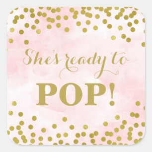 Pink Watercolor Gold Confetti Sie ist bereit zum P Quadratischer Aufkleber