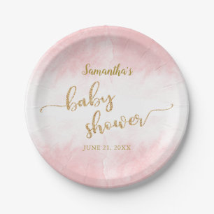 Pink Watercolor Gold Glitzer Babydusche Pappteller