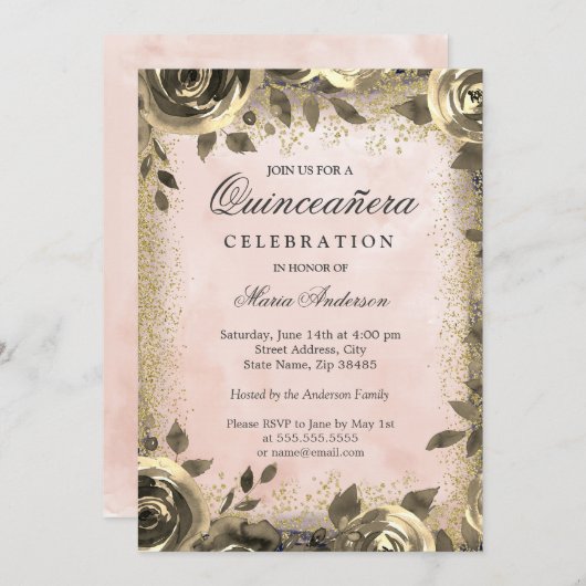 Pink Watercolor Gold Glitzer Blumenkohl Einladung (Vorne/Hinten)