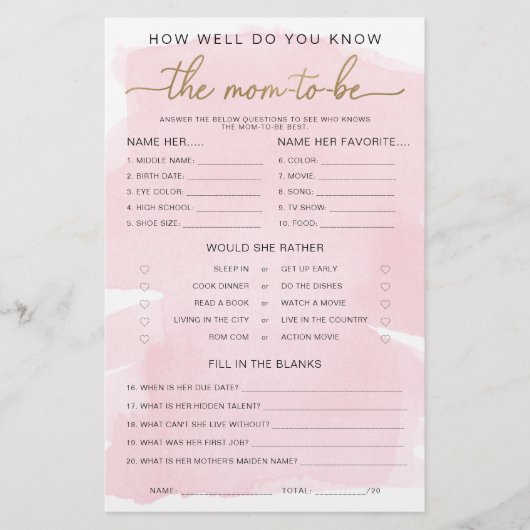 Pink Watercolor Gold Know The Mama to be Game (Vorderseite)