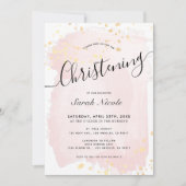 Pink Watercolor Gold Spritzer Girl Christening Einladung (Vorderseite)