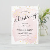 Pink Watercolor Gold Spritzer Girl Christening Einladung (Stehend Vorderseite)