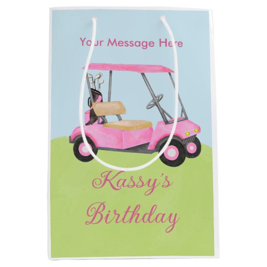 Pink Watercolor Golf Cart Name Meldung Mittlere Geschenktüte (Vorderseite)