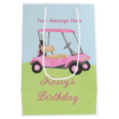 Pink Watercolor Golf Cart Name Meldung Mittlere Geschenktüte (Rückseite)