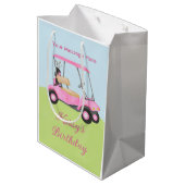Pink Watercolor Golf Cart Name Meldung Mittlere Geschenktüte (Rückseite Schrägansicht)