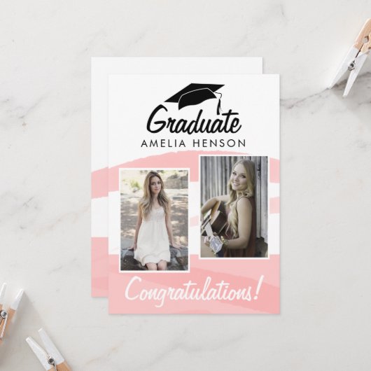 Pink Watercolor Graduate Herzlichen Glückwunsch 2 Karte (Vorderseite/Rückseite Beispiel)