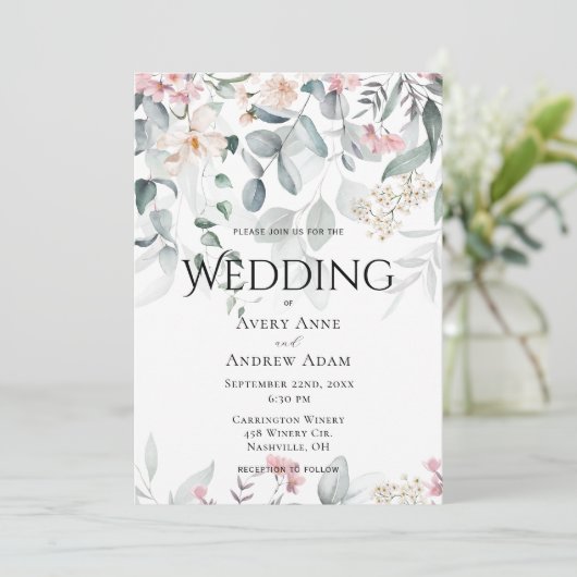 Pink Watercolor Greenery Blumenzwiebelblume Einladung (Stehend Vorderseite)