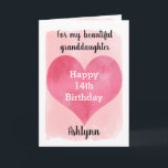 Pink Watercolor Happy 14. Geburtstagsfeier Enkelto Karte<br><div class="desc">A pretty watercolor 14th birthday card for girls that feature a watercolor heart against a pretty pink watercolor, which you can personalize underneath the heart with her name. The inside of this pretty birthday card reads a birthday gefühle, which can be easily personalized. The back feys the same heart along...</div>