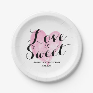 Pink Watercolor Heart Liebe ist Sweet Paper Plate Pappteller