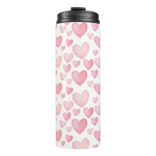 Pink Watercolor Hearts Pattern Thermosbecher (Vorderseite)