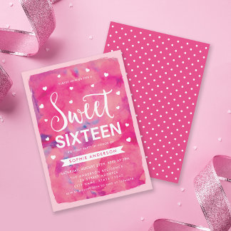 Pink Watercolor Hearts Sweet 16 Geburtstagsparty Einladung