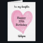 Pink Watercolor Herz 37. Geburtstagskarte<br><div class="desc">Eine personalisierte Aquarellenkarte,  die zum 37. Geburtstag für Tochter,  Schwester,  Ehefrau und mehr gehört. Die Vorderseite dieser Herzkarte zum 37. Geburtstag für sie kann mit dem Namen des Geburtstagsempfängers personalisiert werden. Die Geburtstagsnachricht kann auch bearbeitet werden. Das würde ihr zum 37. Geburtstag eine einzigartige personalisierte Kartenhalterung verschaffen.</div>