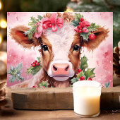 Pink Watercolor Holly Baby Cow Weihnachten