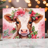 Pink Watercolor Holly Baby Cow Weihnachten
