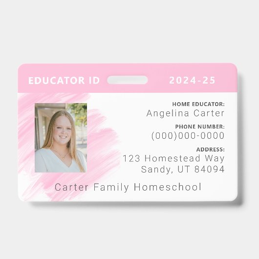 Pink Watercolor Homeschool Educational ID Abzeiche Ausweis (Vorderseite)