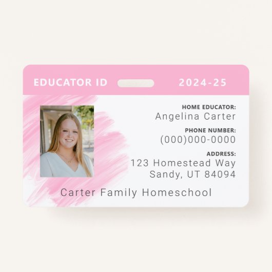 Pink Watercolor Homeschool Educational ID Abzeiche Ausweis (Vorderseite)