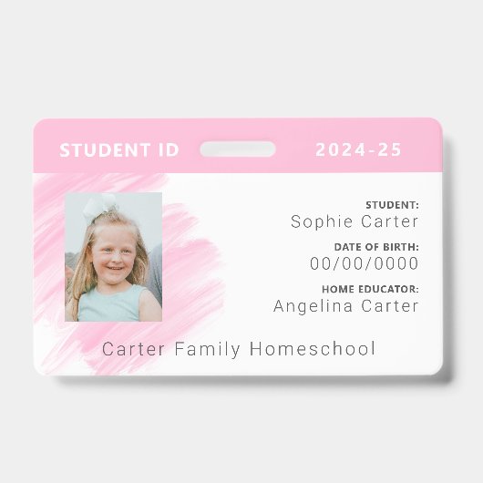 Pink Watercolor Homeschool Student ID Abzeichen Ausweis (Vorderseite)