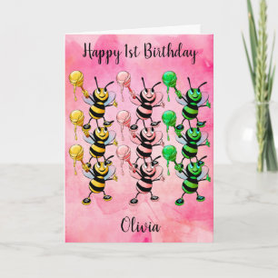 Pink Watercolor Honey Bees Happy 1st Birthday Karte
