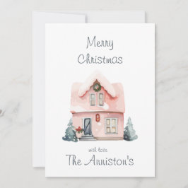 Pink Watercolor House Weihnachtskarte Einladung
