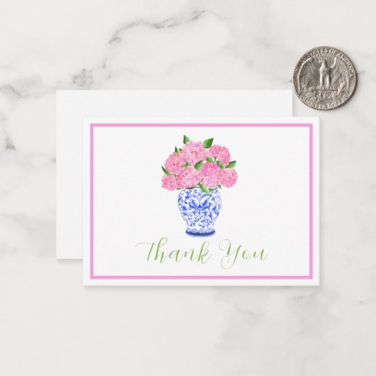 Pink Watercolor Hydrangea Chinoiserie Skript Danke Mitteilungskarte (Vorderseite/Rückseite Beispiel)