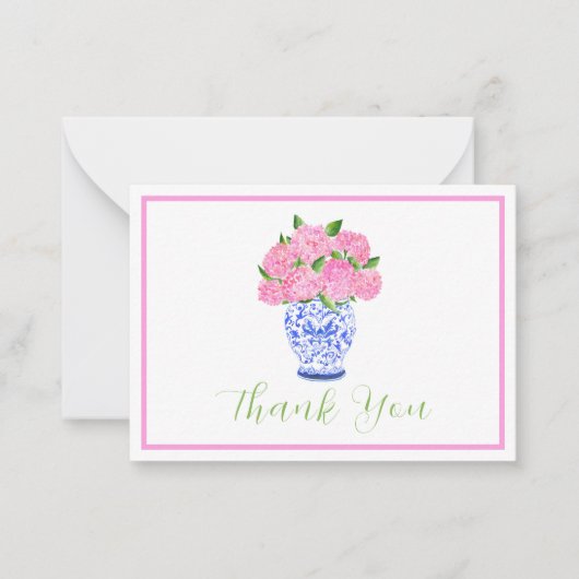 Pink Watercolor Hydrangea Chinoiserie Skript Danke Mitteilungskarte (Vorderseite)