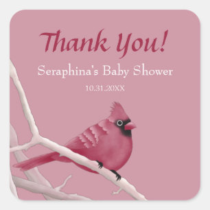 Pink Watercolor Kardinal Kinderdusche Danke Quadratischer Aufkleber