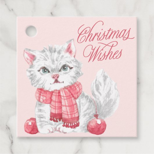Pink Watercolor Kitten Weihnachtswünsche Geschenkanhänger (Vorderseite)