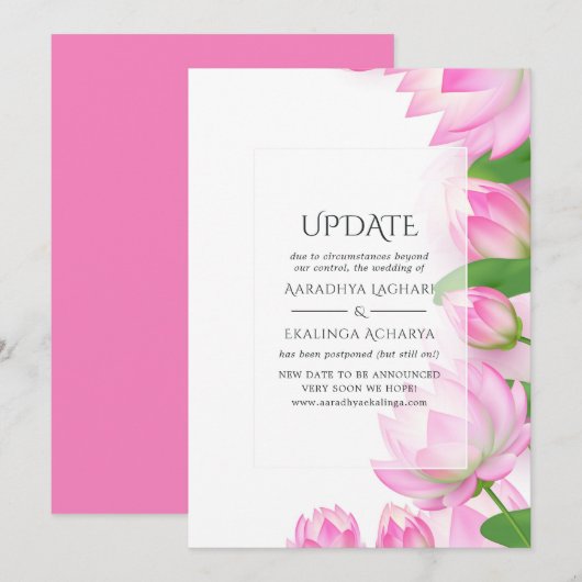 Pink Watercolor Lotus Blume Indian Wedding Update Einladung (Vorne/Hinten)
